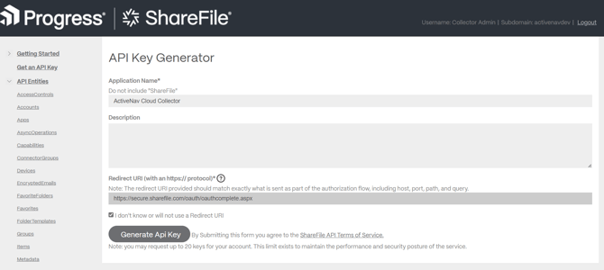 ShareFile - Admin Centre API Key Generator