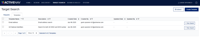 Target Search- Templates Tab
