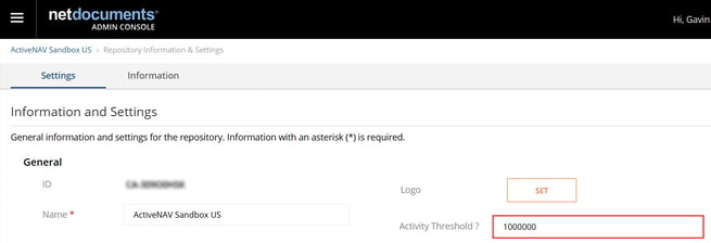 NetDocs Admin - Activity Threshold Setting